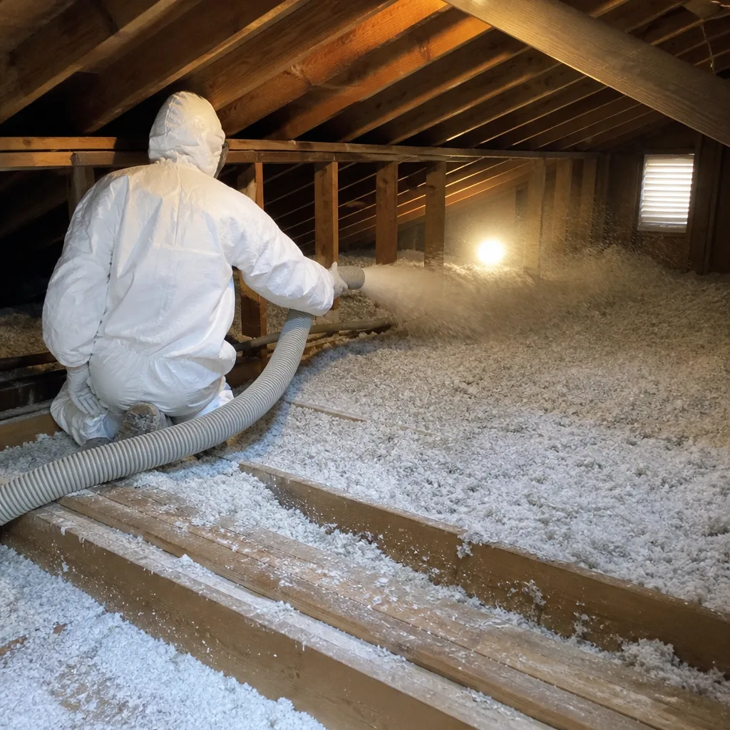 Technician in protective suit installing loose-fill insulation in residential attic