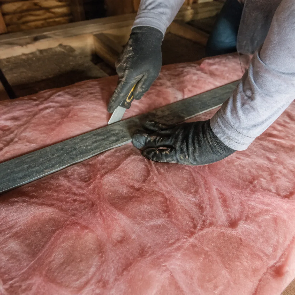 Worker cutting fiberglass attic insulation with utility knife and guide
