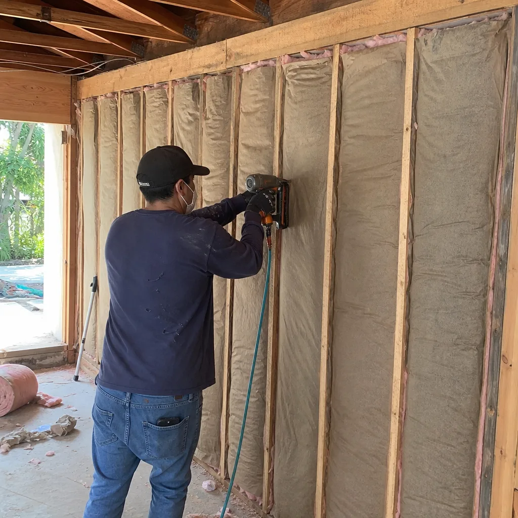Professional technician performing attic insulation removal with industrial equipment.
