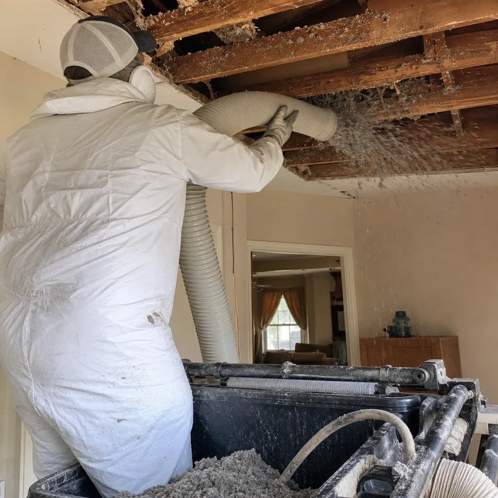 Professional performing attic insulation removal with industrial vacuum equipment