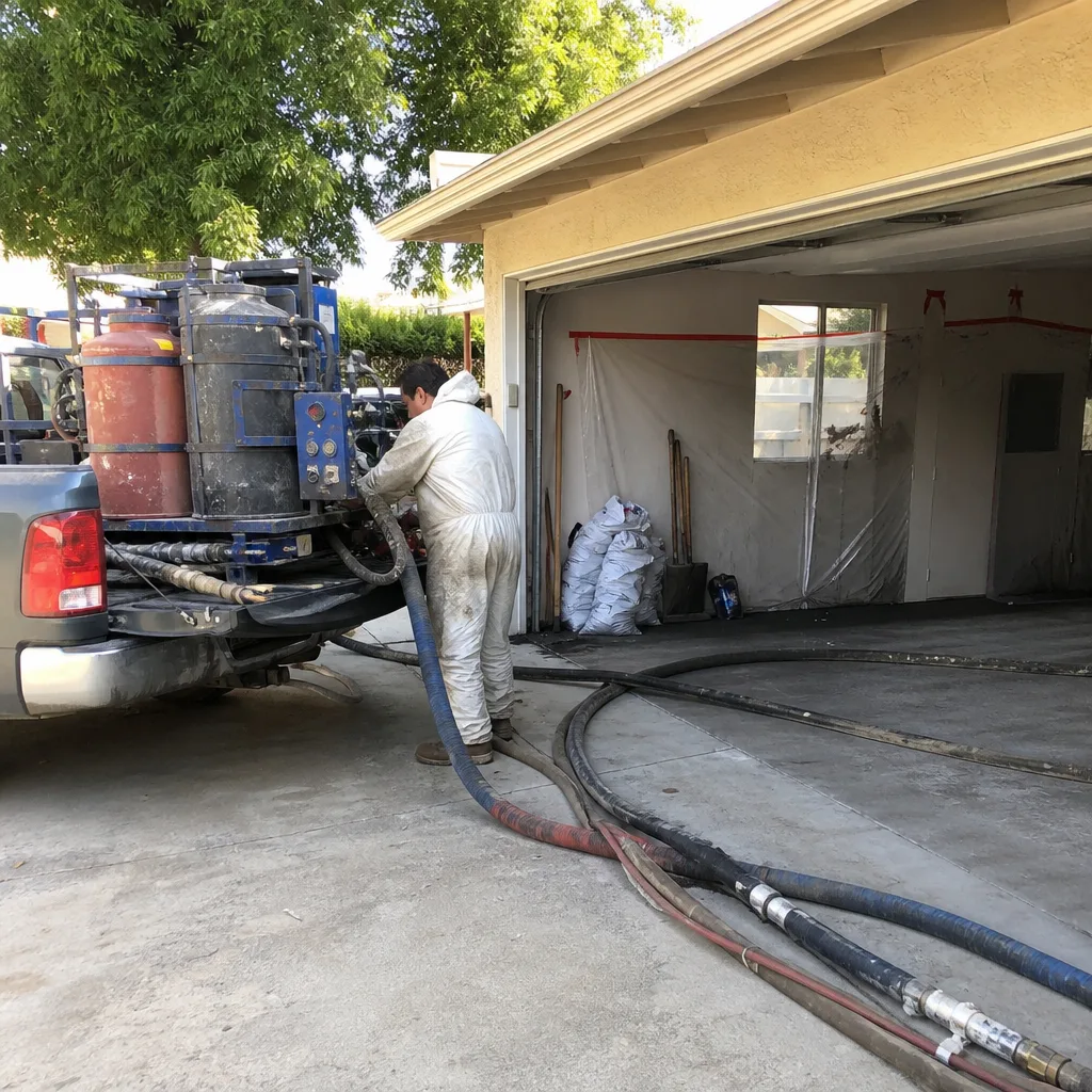 Professional contractor applying spray foam insulation to a residential garage