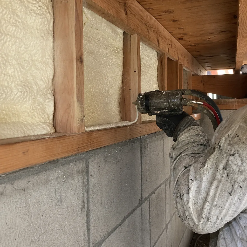 Professional applying spray foam insulation to wooden wall framing and concrete