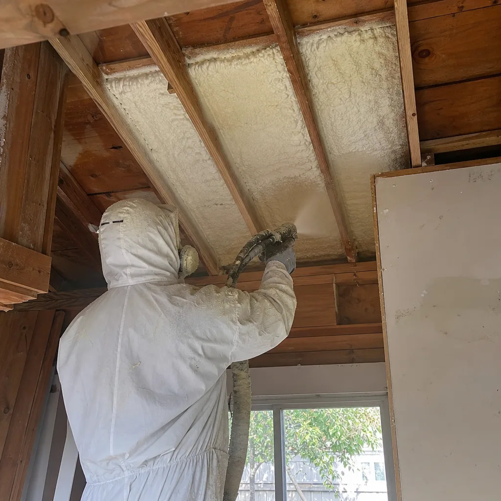 Contractor applying spray foam insulation to ceiling joists for energy efficiency